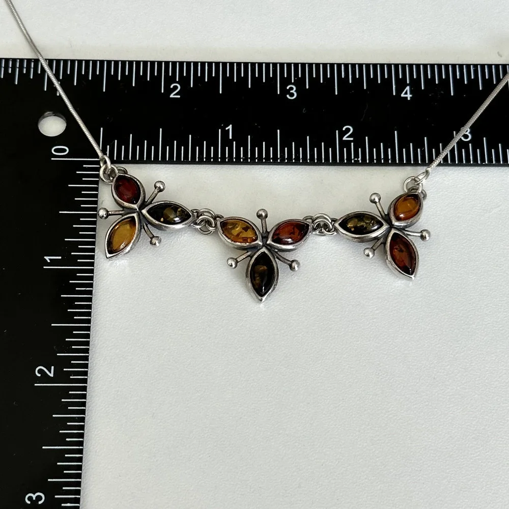 Vintage 925 Sterling Silver Natural Amber Cabochon Three Flowers Necklace 18